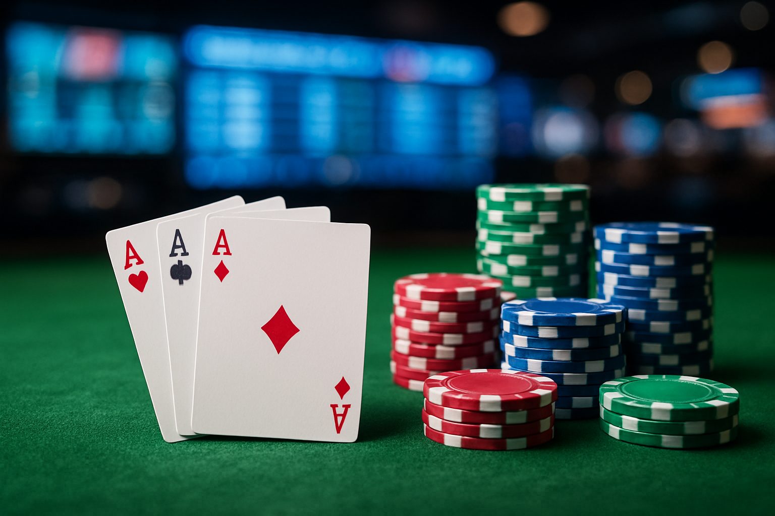 Three playing cards showing aces and a stack of poker chips on a green felt surface