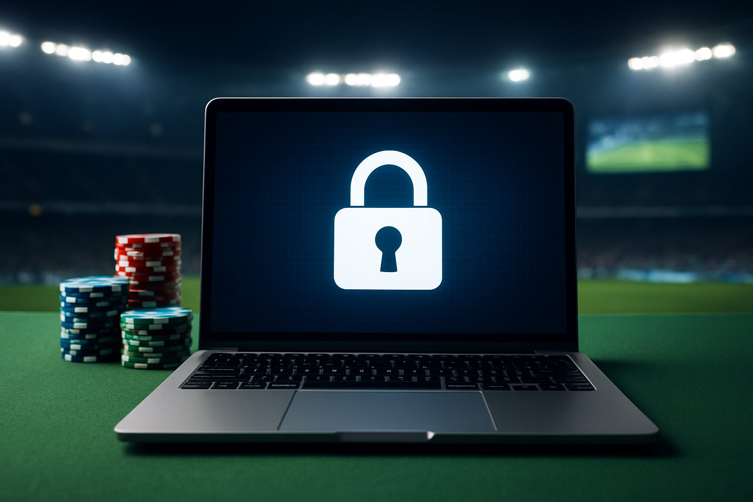 A laptop displaying a security lock icon with poker chips in the foreground at a stadium backdrop.